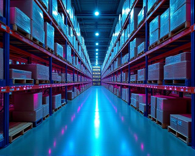 Interior of a modern high-ceiling logistics warehouse