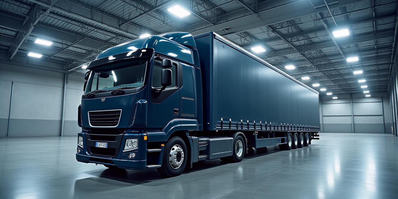 Fleet of heavy logistics trucks in a warehouse