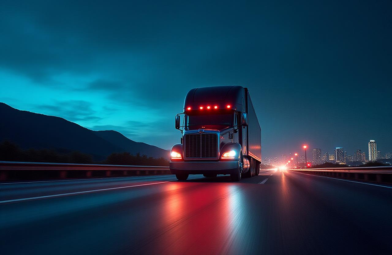 Heavy duty commercial transport truck on a dark highway