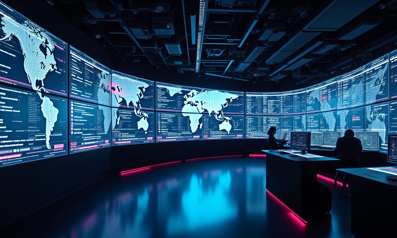 Logistics command center with neon glowing screens